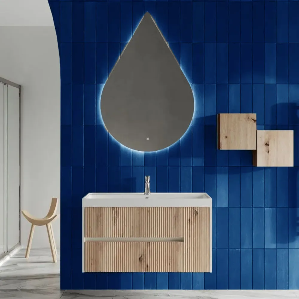 Wall-mounted ribbed bathroom cabinet sink and teardrop mirror 100 cm gold eik color - Cubi&Co Pure Collection