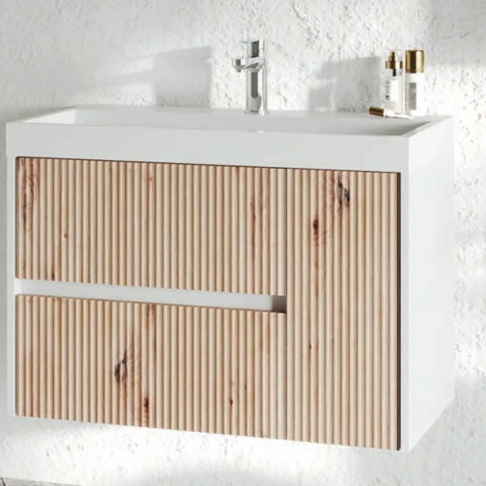 Wall-mounted ribbed bathroom cabinet sink and teardrop mirror 100 cm gold eik color - Cubi&Co Pure Collection
