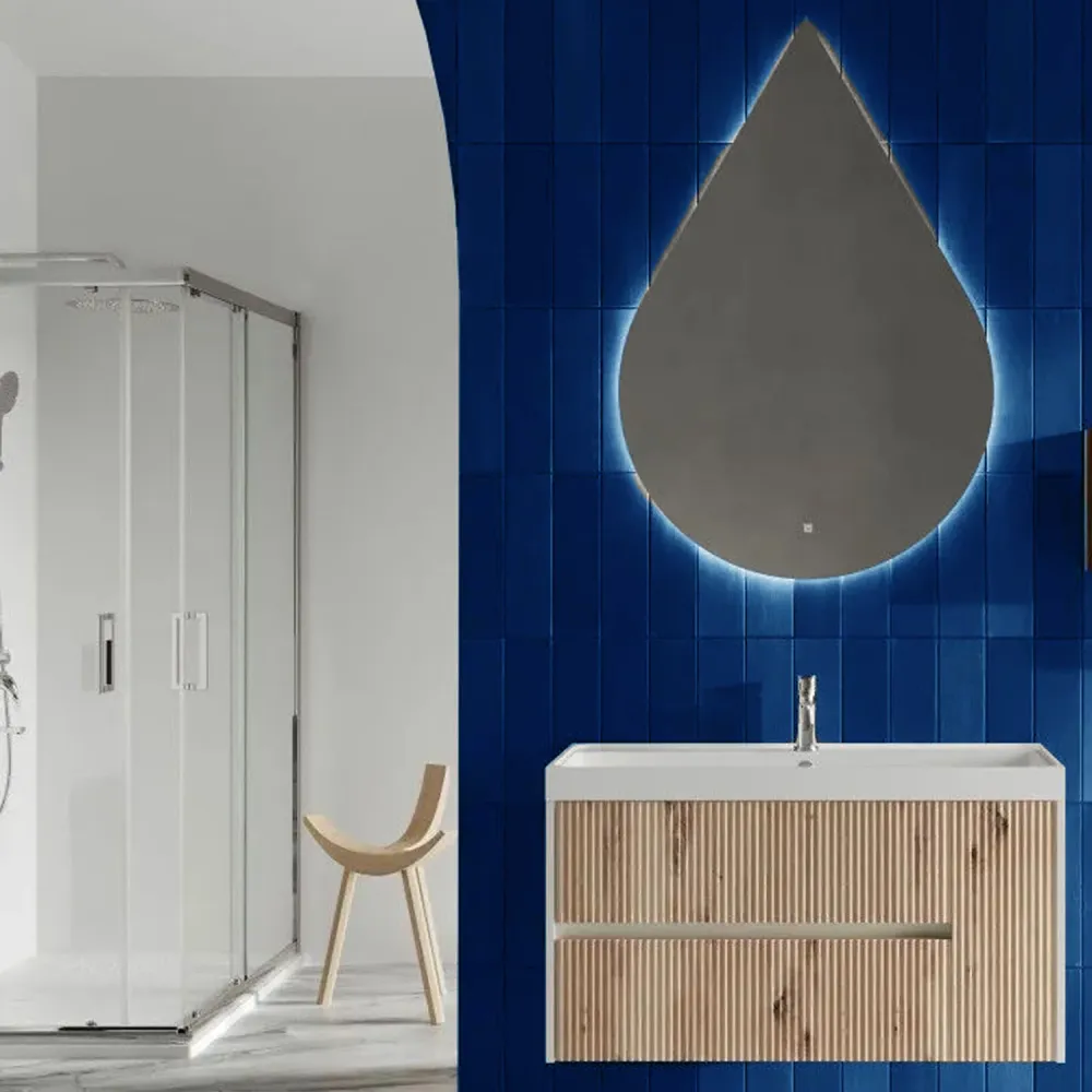 Wall-mounted ribbed bathroom cabinet sink and teardrop mirror 100 cm gold eik color - Cubi&Co Pure Collection