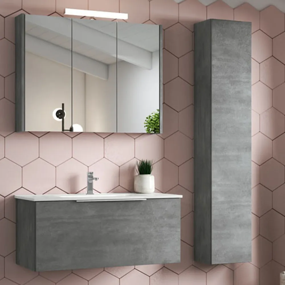 Wandgemonteerd bathroom cabinet model Portland 02 120 cm pedestal sink and cement-colored mirror