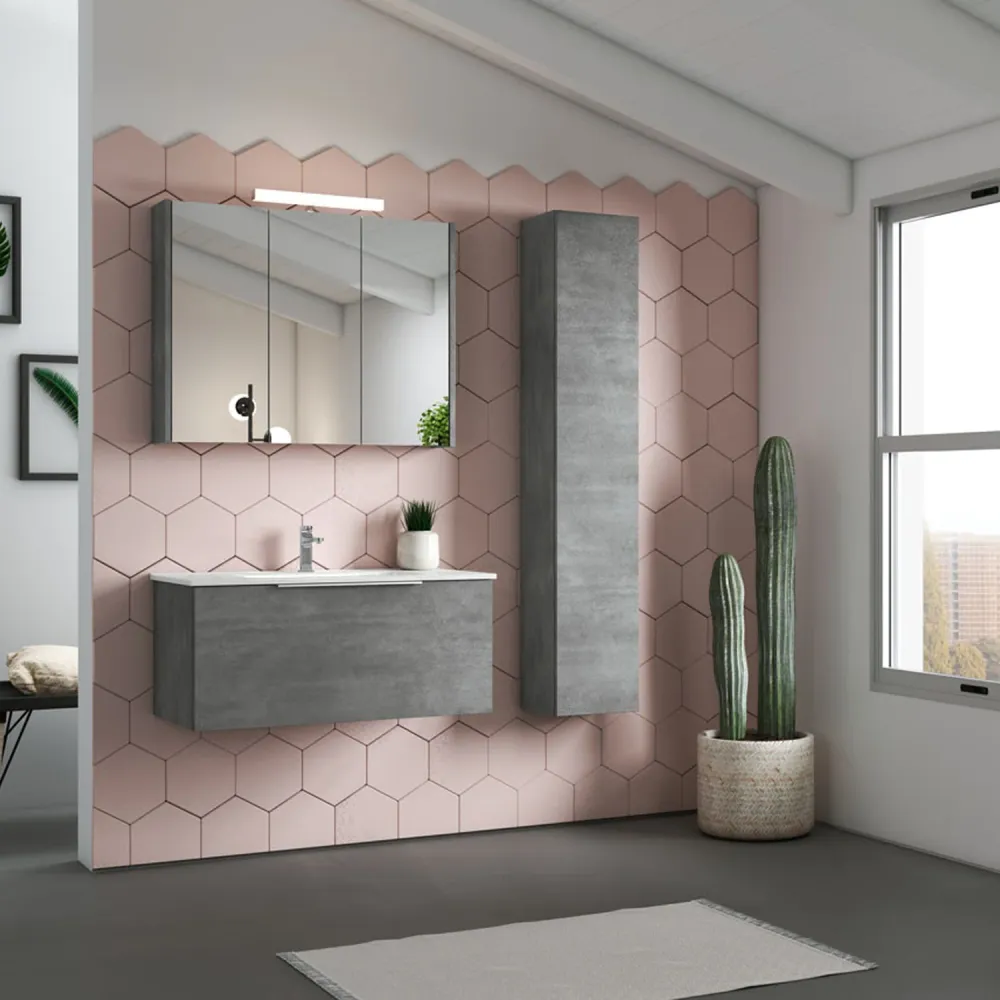 Wandgemonteerd bathroom cabinet model Portland 02 120 cm pedestal sink and cement-colored mirror