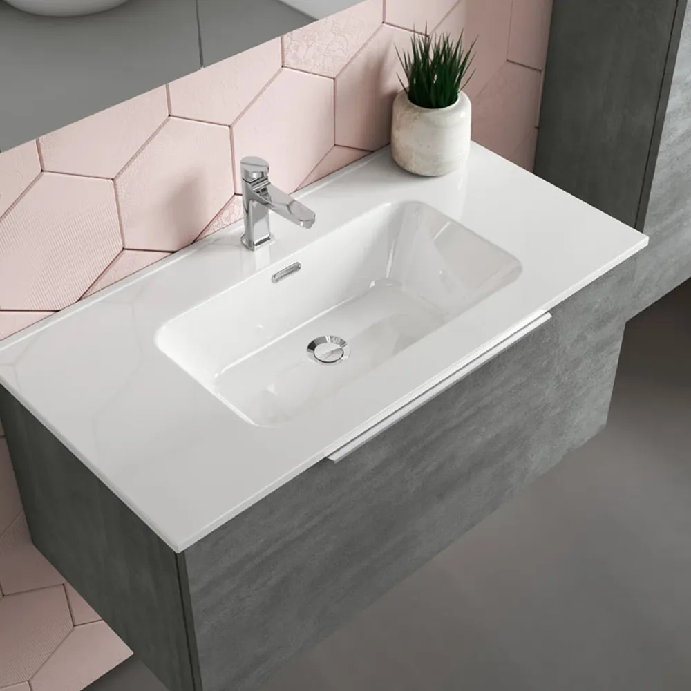 Wandgemonteerd bathroom cabinet model Portland 02 120 cm pedestal sink and cement-colored mirror