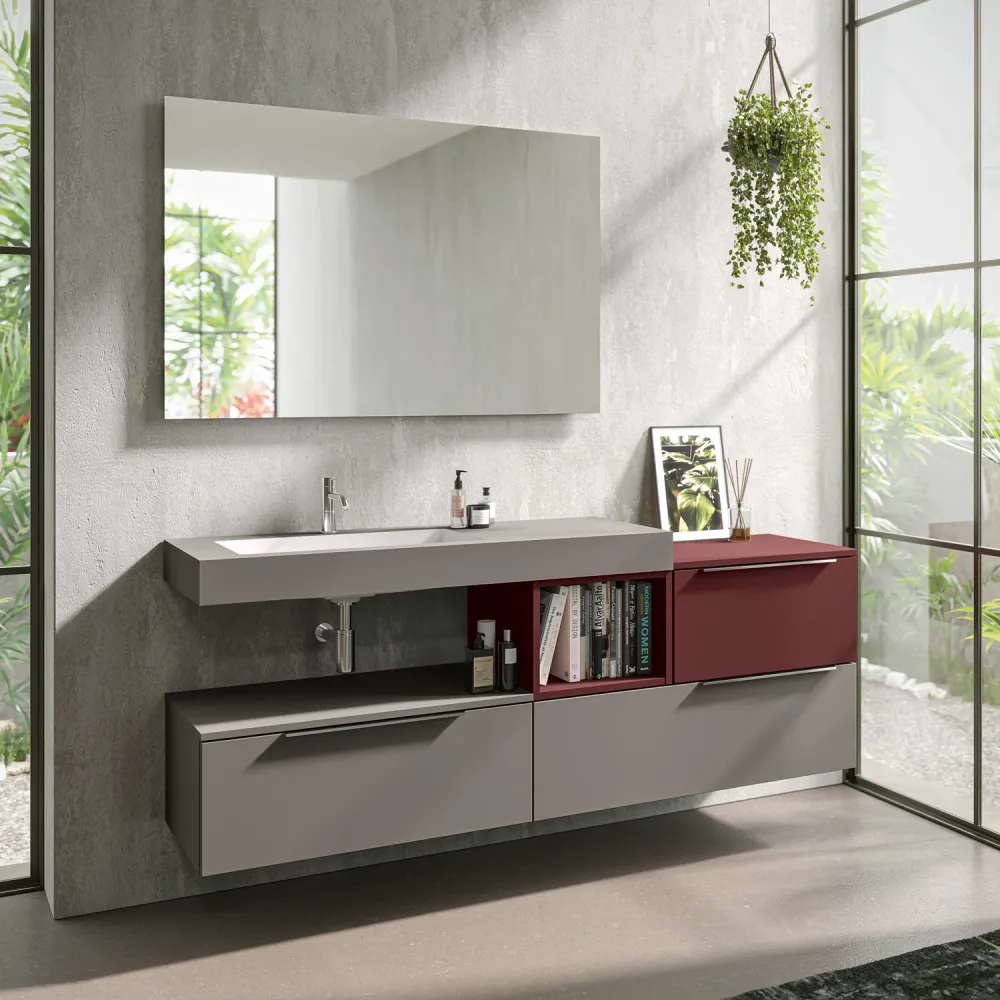 Wandopstelling bathroom cabinet Bali01 180x46 cm London Gray and Jaipur Red finishes