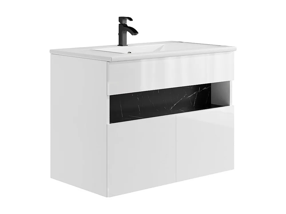 Badkamermeubel met ledverlichting, inbouwwastafel, wit en gemarmerd zwart, 80 cm, POZEGA