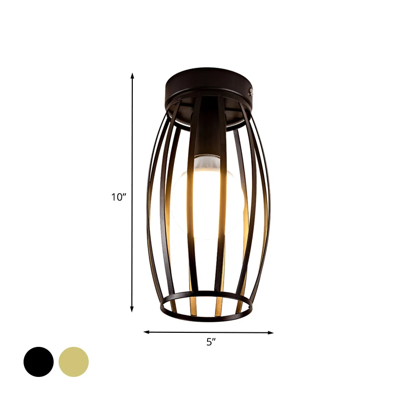 Black/Gold Finish Oval Cage Flush Mount Fixture Minimalist 1 Bulb Ijzer Flush Ceiling Lamp Hallway Black
