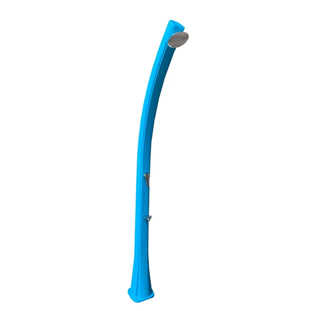 Blue HDPE solar shower column, 15 cm showerhead and foot washer, 25-liter tank
