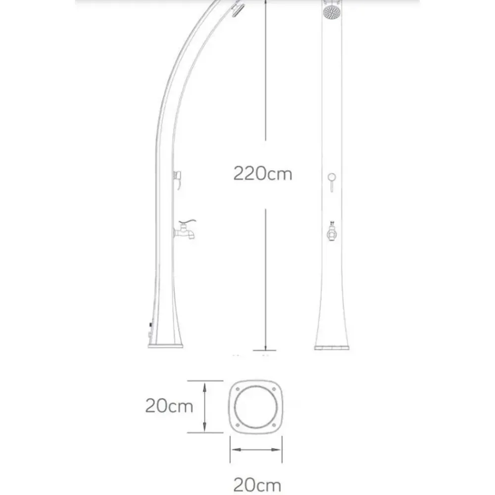 Blue HDPE solar shower column, 15 cm showerhead and foot washer, 25-liter tank