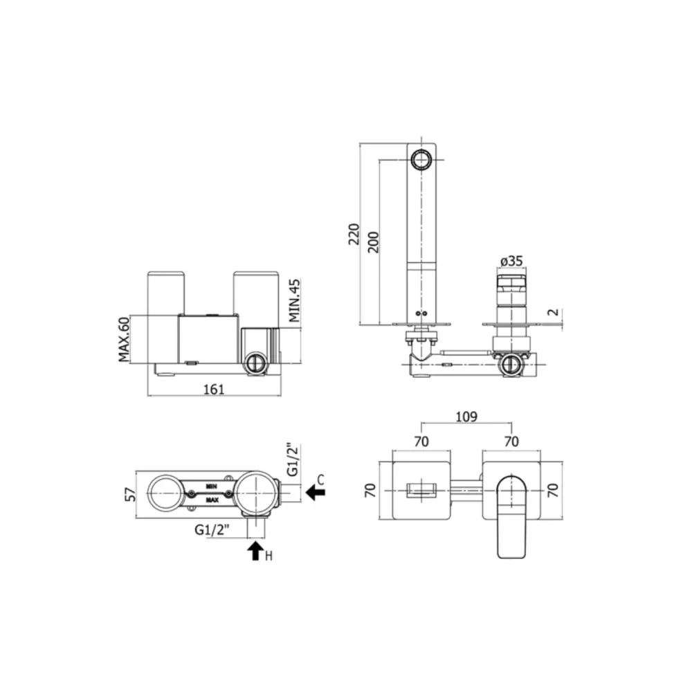 Built- basin mixer Paffoni Tilt series - l. 200 mm - Matte Koolzwart