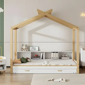 Cabinebed 90x200cm met uitschuifbaar onderschuifbed 90x190cm - 4 planken op bed - structuur massief grenen - Wit