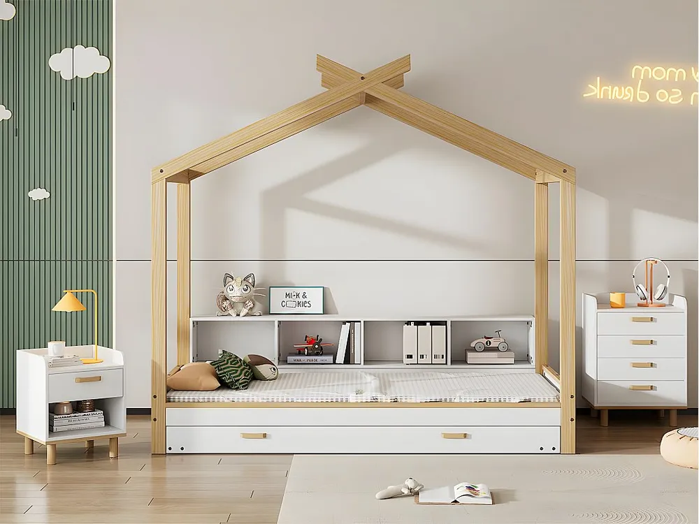 Cabinebed 90x200cm met uitschuifbaar onderschuifbed 90x190cm - 4 planken op bed - structuur massief grenen - Wit