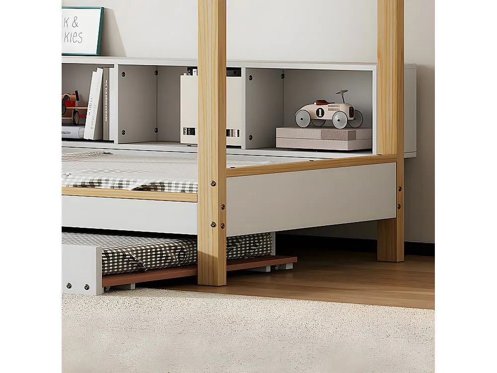Cabinebed 90x200cm met uitschuifbaar onderschuifbed 90x190cm - 4 planken op bed - structuur massief grenen - Wit