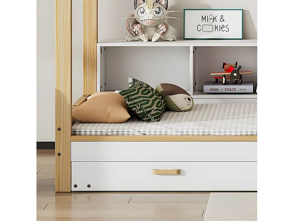 Cabinebed 90x200cm met uitschuifbaar onderschuifbed 90x190cm - 4 planken op bed - structuur massief grenen - Wit