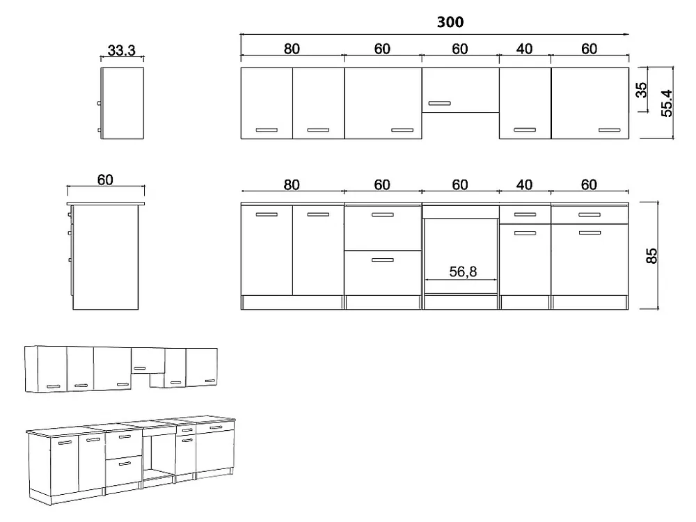 Complete keuken - Met werkblad 300 cm - Glanzend grijs en wit - TRATTORIA