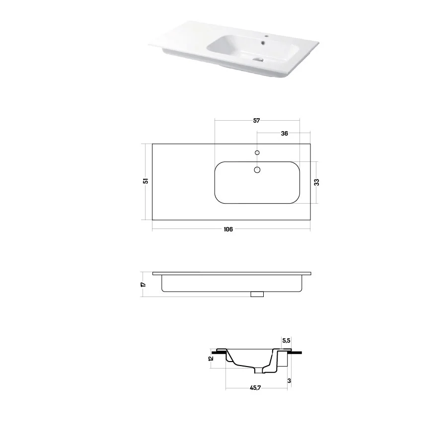 Console sink glossy parelmoer ceramic Qubo Square 51 series Disegno-Ceramica 106cm - support surface on left