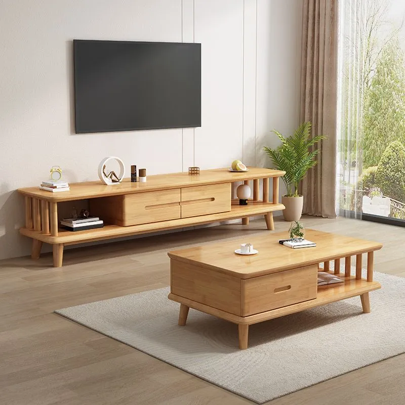 Contemporary Rubberen Wood TV Console 2 Drawers Media Console Splayed Wooden Legs 59