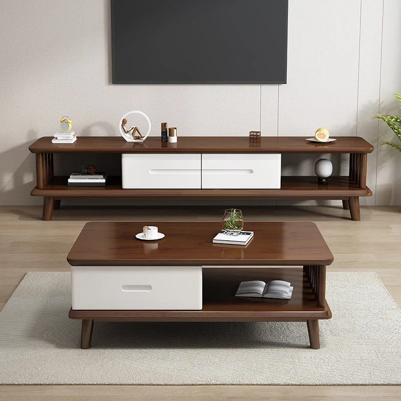 Contemporary Rubberen Wood TV Console 2 Drawers Media Console Splayed Wooden Legs 59