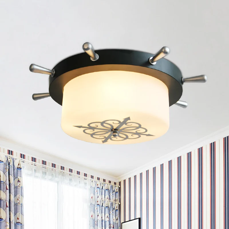 Drum Opal Glass Flush Mount Fixture Cartoon 3 Bulbs White/Light Blue/Blackish Olijfgroen Flushmount Lighting Rudder Canopy...