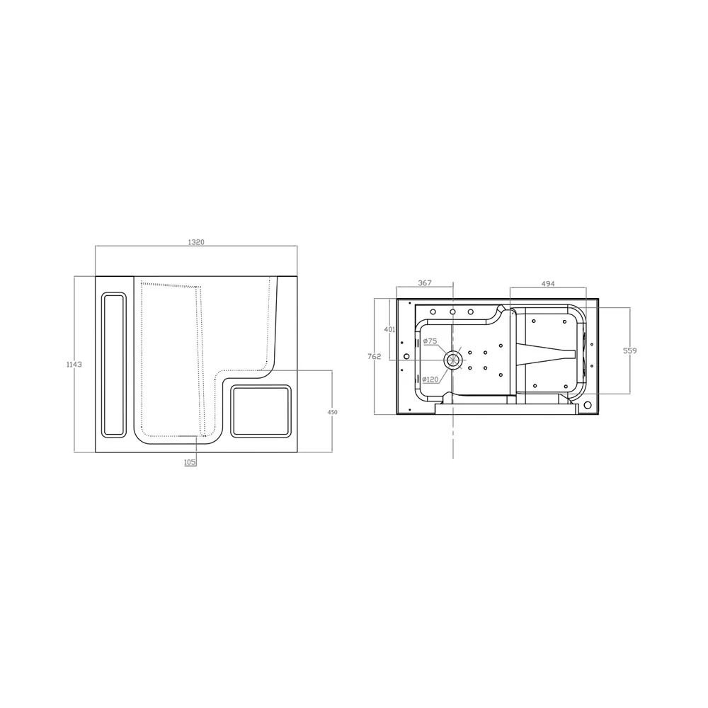 Elderly bathtub model Dalia 1320x762x1143 mm left side panel