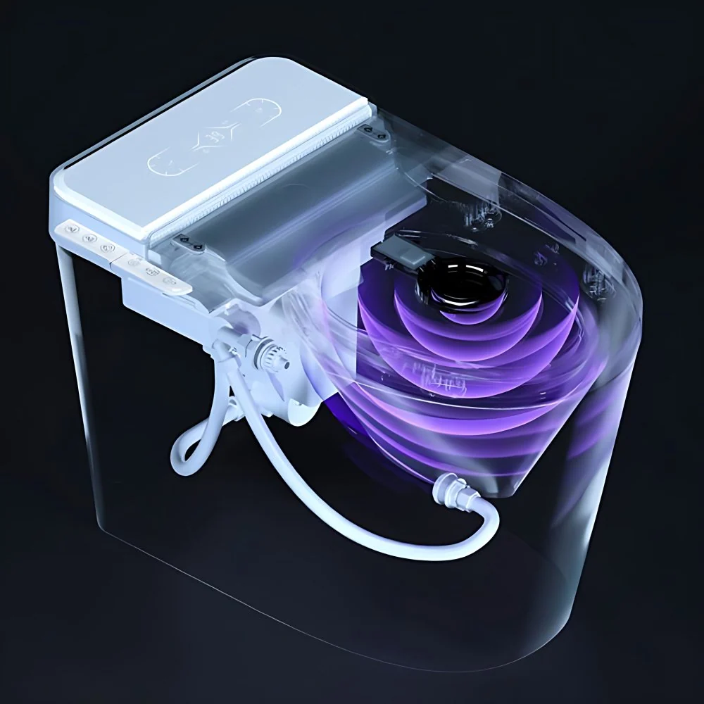 Elongated Contemporary Connected Toilet White Ceramic Foot Sensor