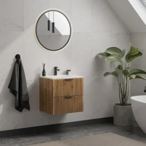 Geribbeld wastafelmeubel met inbouwwastafel, lichte houtlook, 60 cm, ZEVARA