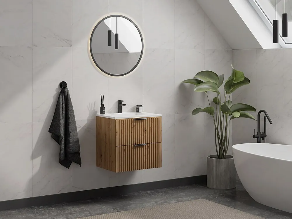 Geribbeld wastafelmeubel met inbouwwastafel, lichte houtlook, 60 cm, ZEVARA