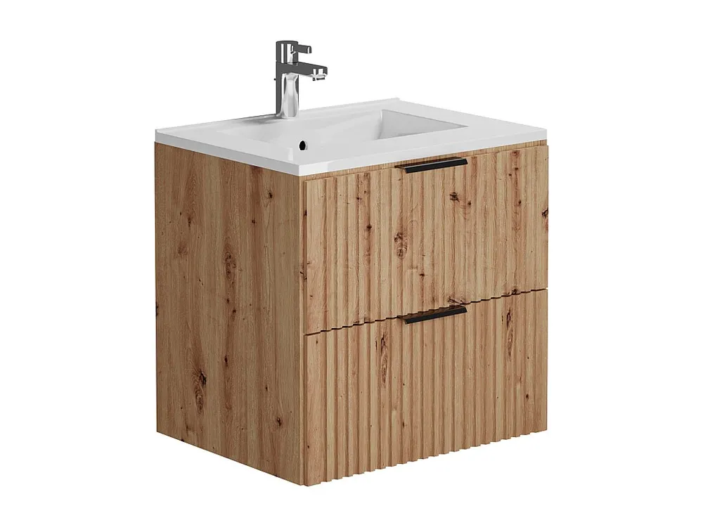 Geribbeld wastafelmeubel met inbouwwastafel, lichte houtlook, 60 cm, ZEVARA