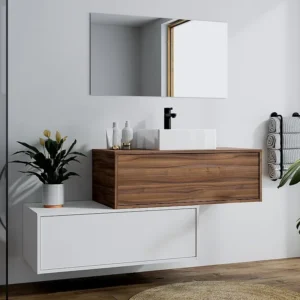 Hangend badkamermeubel met enkele wastafel, duister naturel en wit, 2 lades, TEANA