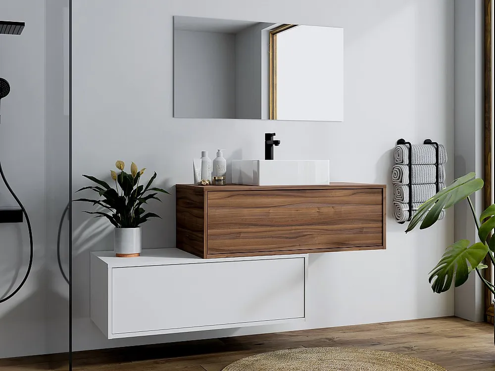 Hangend badkamermeubel met enkele wastafel, duister naturel en wit, 2 lades, TEANA