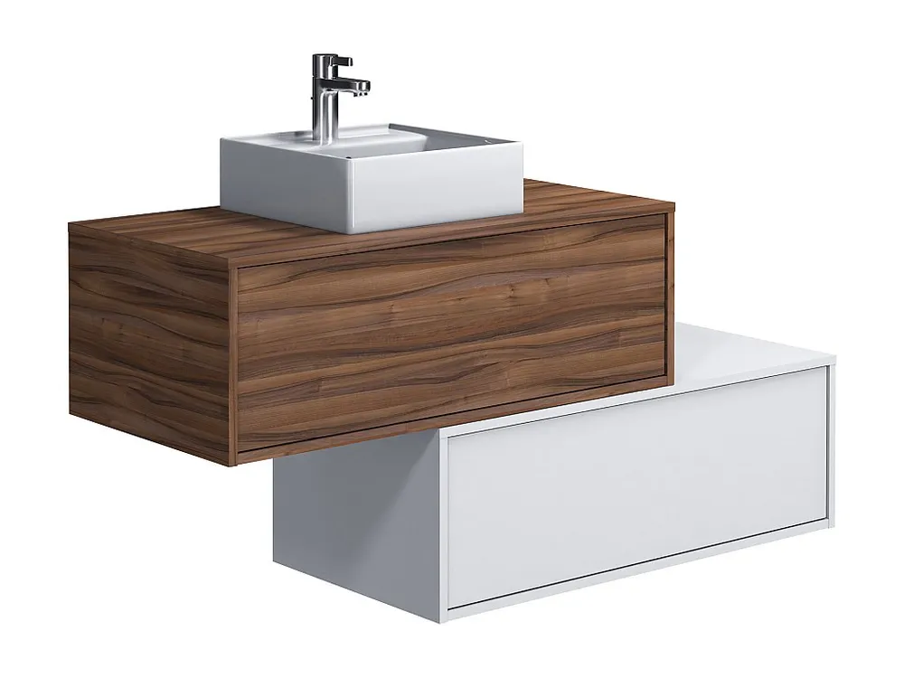 Hangend badkamermeubel met enkele wastafel, duister naturel en wit, 2 lades, TEANA