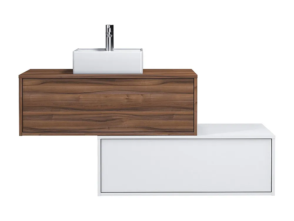 Hangend badkamermeubel met enkele wastafel, duister naturel en wit, 2 lades, TEANA