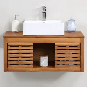 Hangend badkamermeubel van acaciahout met enkele wastafel - 90 cm - PENEBEL - Koop nu