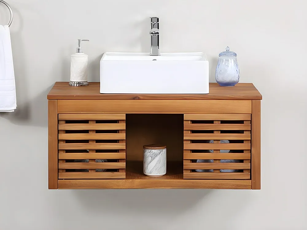 Hangend badkamermeubel van acaciahout met enkele wastafel - 90 cm - PENEBEL - Koop nu