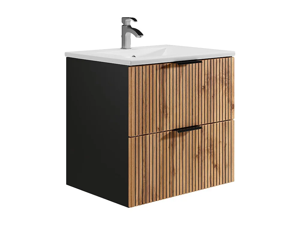 Hangmeubel met groeven met inbouwwastafel, zwak naturel en zwart, 60 cm, MADELA