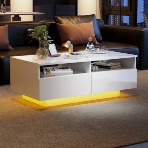 Rechthoekige salontafel met 2 laden en 2 vakken - 70 x 70 x 35cm - LEDs - spaanplaat - glanzend wit