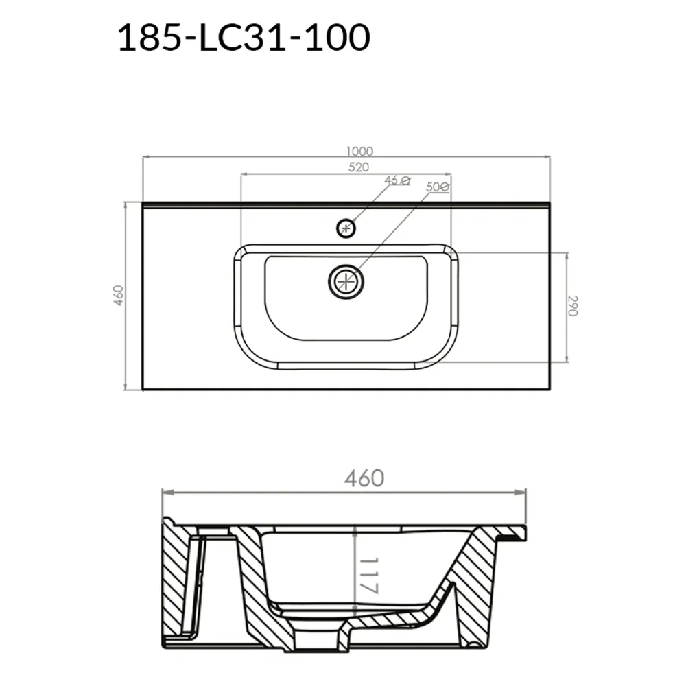 Semi-recessed console sink overflow and faucet hole cm 100x46