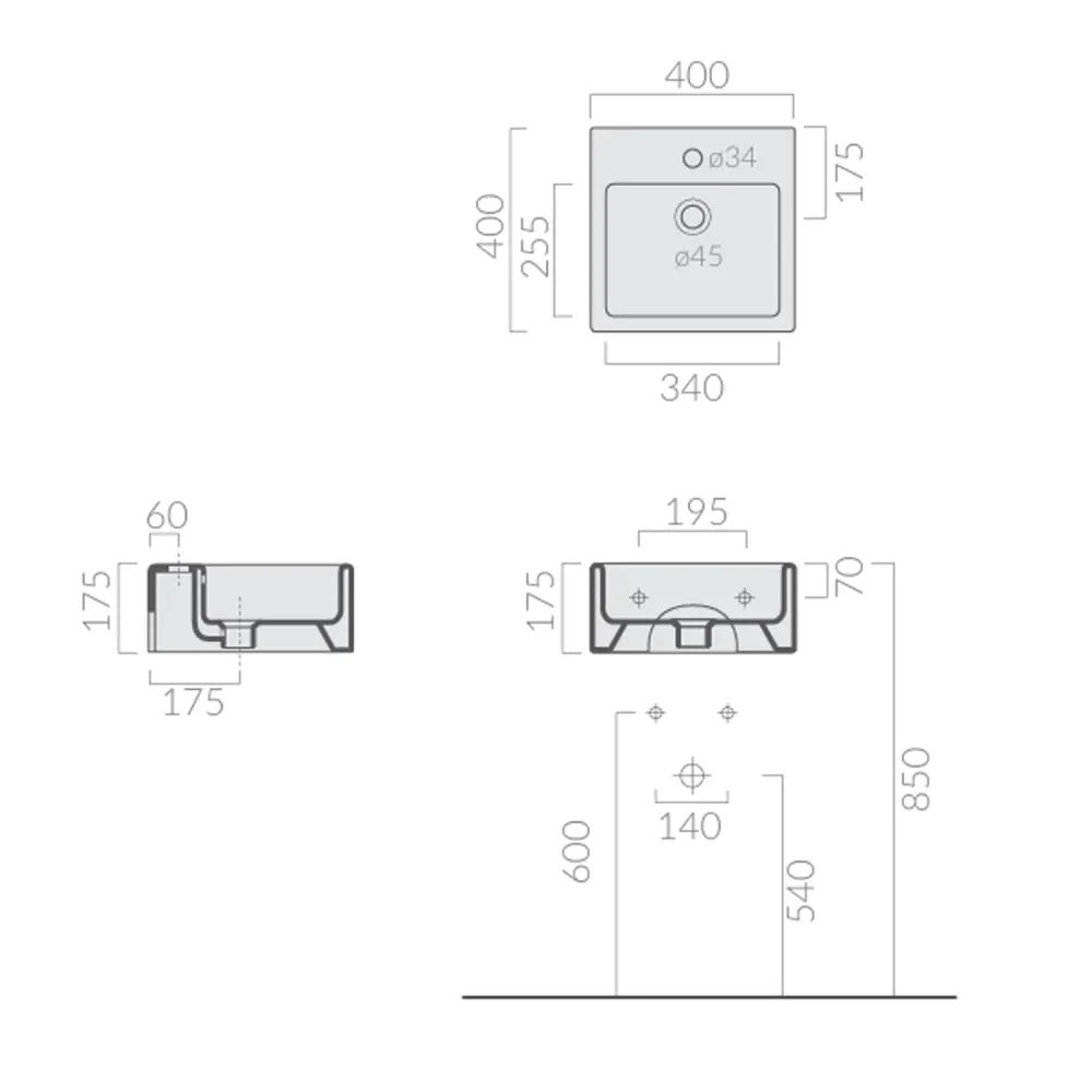 Sink 40x40 cm wall-mounted or countertop without hole Melkwit