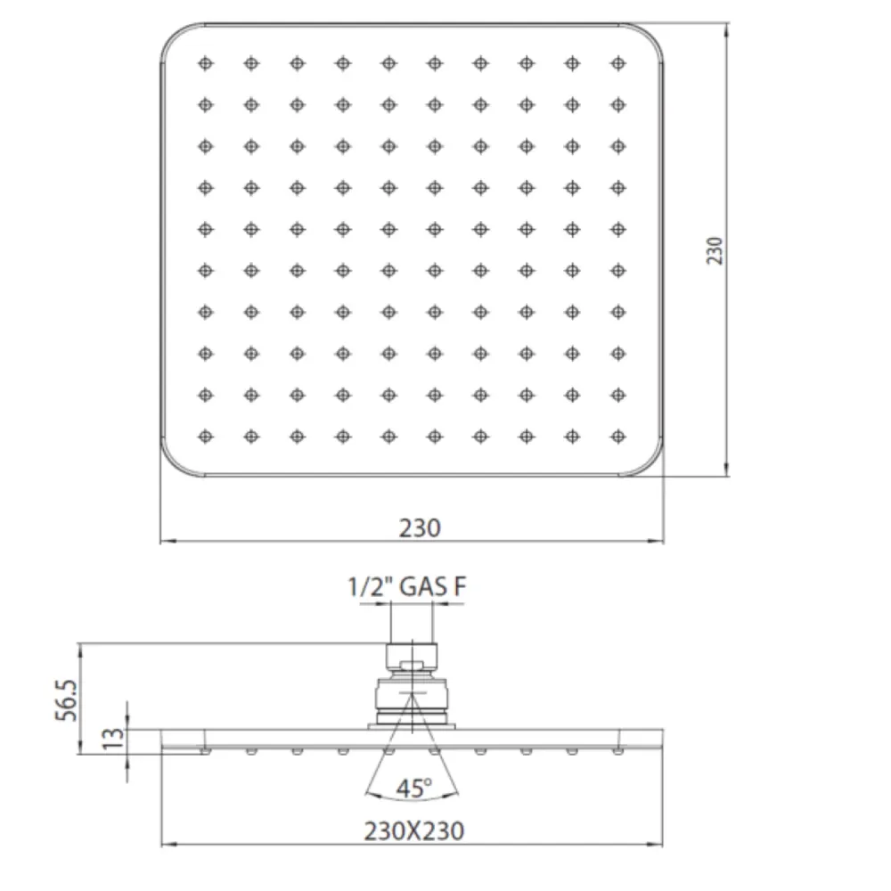 Square wall shower head Bossini Cosmo 23x23 matte zwart 350 mm arm