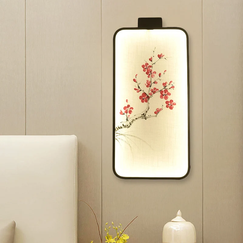 Stof bloeiende lotus/perzik muurschildering lamp Chinese zwarte LED wandmontage verlichting voor slaapkamer