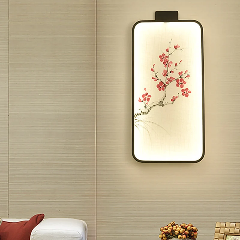Stof bloeiende lotus/perzik muurschildering lamp Chinese zwarte LED wandmontage verlichting voor slaapkamer