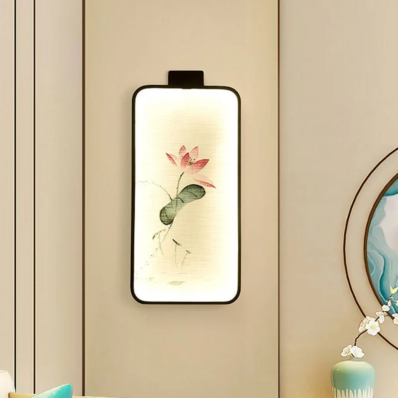 Stof bloeiende lotus/perzik muurschildering lamp Chinese zwarte LED wandmontage verlichting voor slaapkamer