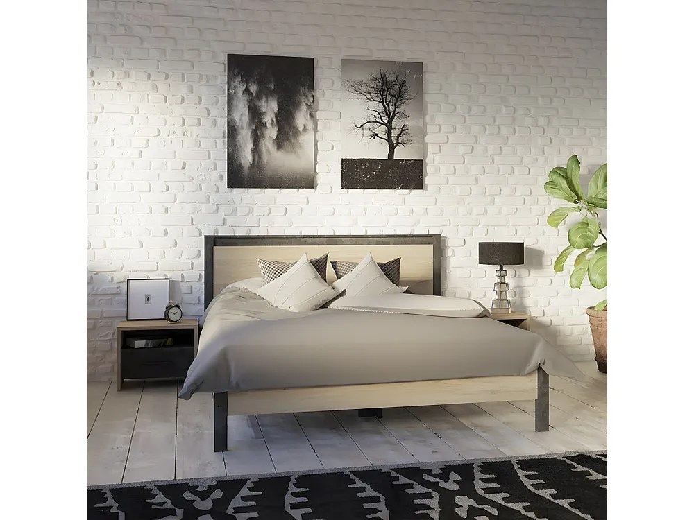 Tweepersoonsbed met eiken en zwart decor - 140x190 cm - Colorado.