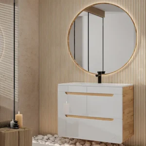 Wandbadkamermeubel met ingebouwde wastafel - Naturel en wit - 80 cm - ARUBA - Koop nu