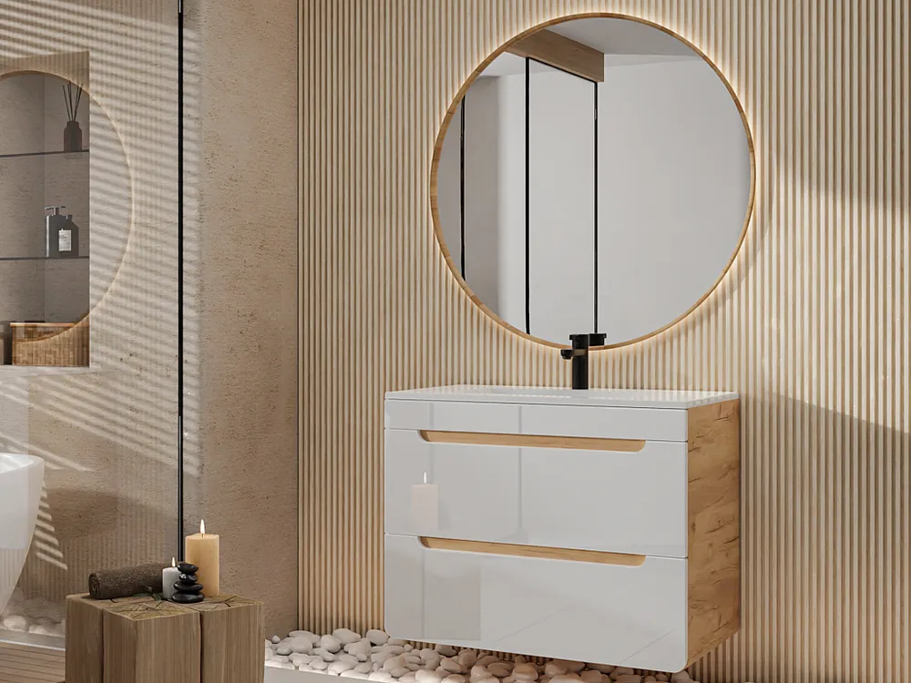 Wandbadkamermeubel met ingebouwde wastafel - Naturel en wit - 80 cm - ARUBA - Koop nu