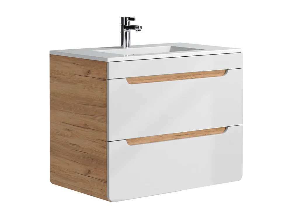 Wandbadkamermeubel met ingebouwde wastafel - Naturel en wit - 80 cm - ARUBA - Koop nu