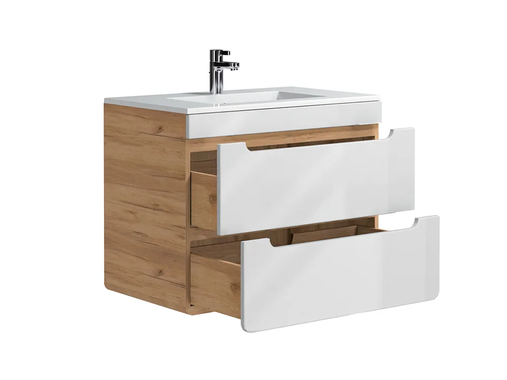 Wandbadkamermeubel met ingebouwde wastafel - Naturel en wit - 80 cm - ARUBA - Koop nu
