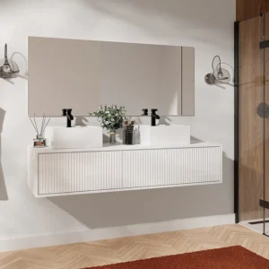 Zwevend, geribbeld wastafelmeubel, mat wit, 150 cm, ARNEGA