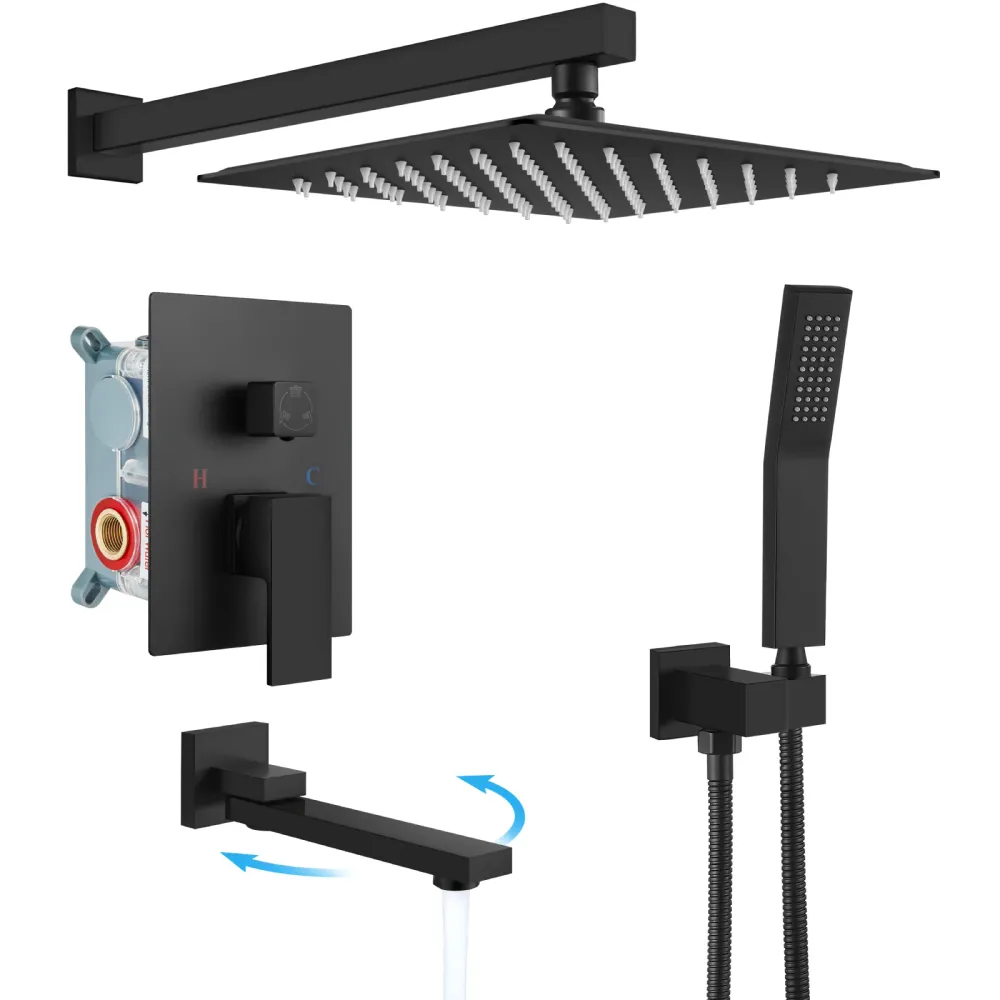 Gotonovo regendouchecombinatieset Luxe 3-functie met roterende badkuipuitloop, vierkante regendouchekop en handsproeier In...