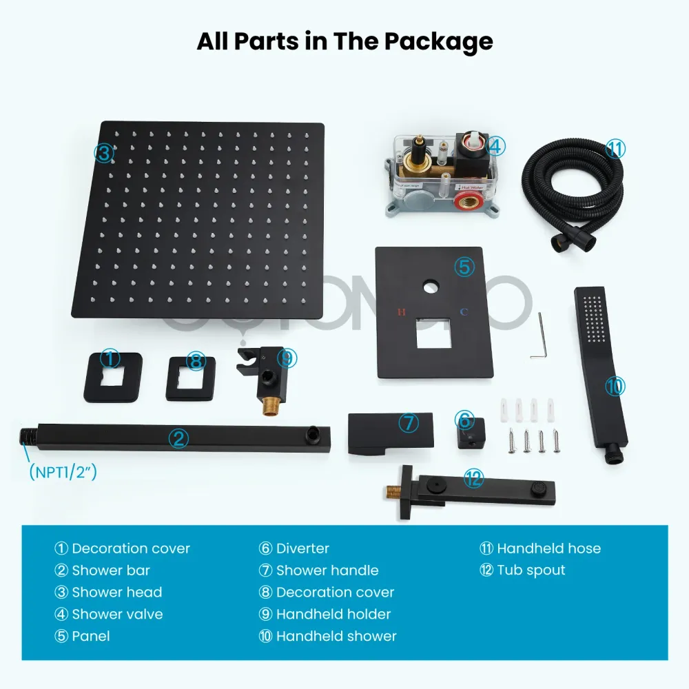Gotonovo regendouchecombinatieset Luxe 3-functie met roterende badkuipuitloop, vierkante regendouchekop en handsproeier In...