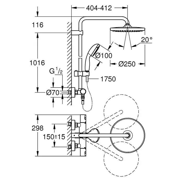 Grohe Vitalio Start Douchesysteem 250 - Hoogte: 113,2 cm, Aantal straalsoorten: 2 st., Mat Zwart