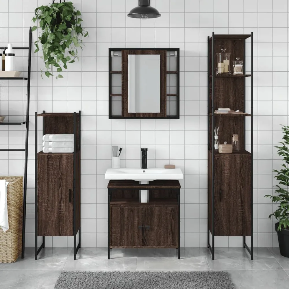 4-delige Badkamermeubelset bewerkt hout bruin eikenkleur - Eenvoudige Montage